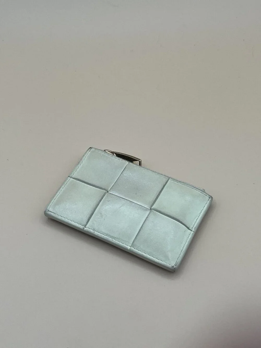 Bottega Veneta Intrecciato Zip Card Case Mint Green Woven Leather Key Ring Coin